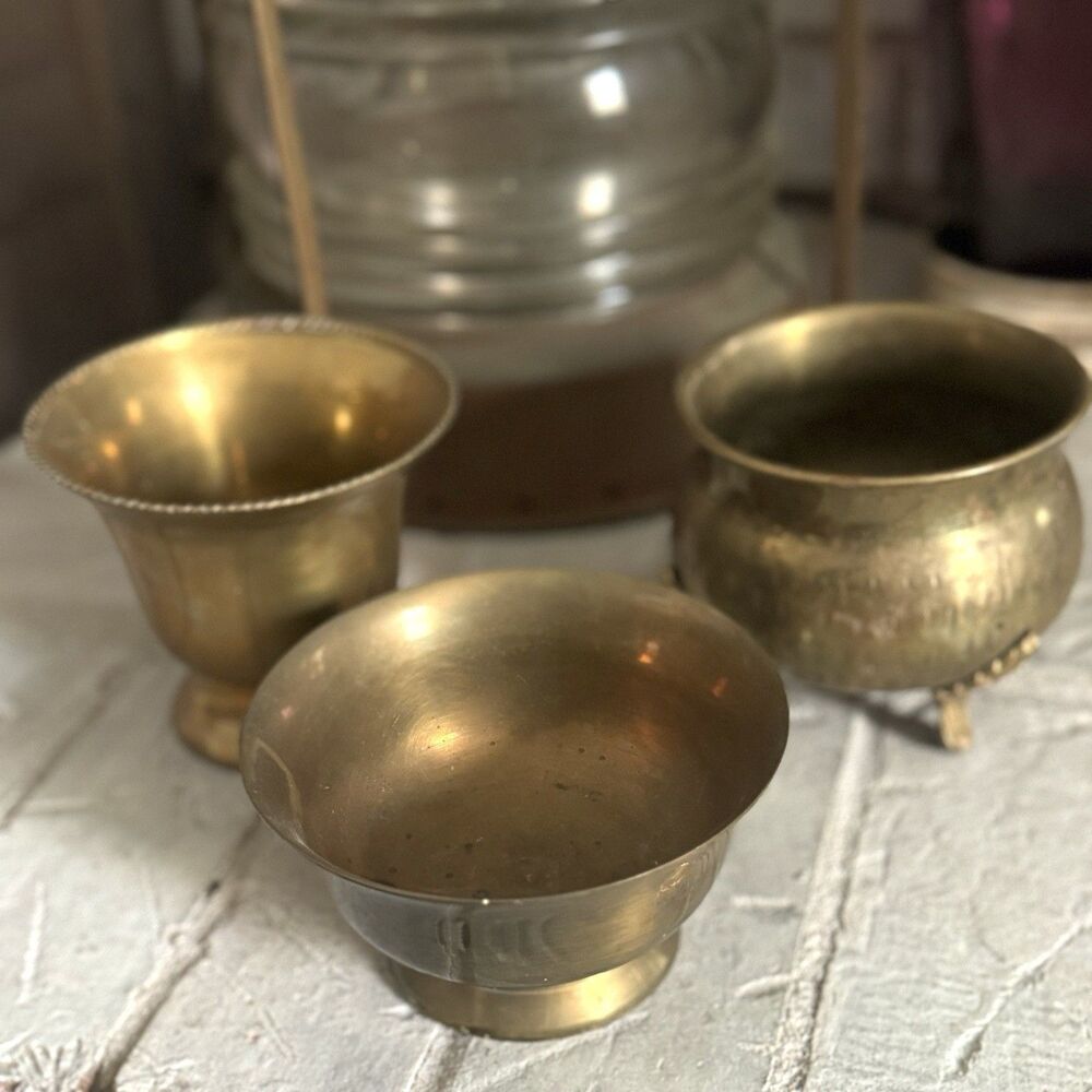 Vintage Brass Planter Pots One Footed Two Pedestal Set / Lot Of 3